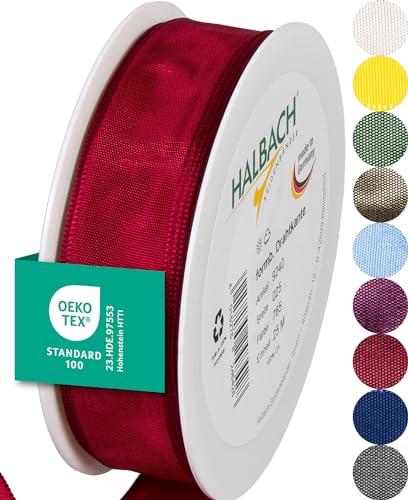 Halbach Seidenbänder Premium Geschenkband mit Drahtkante | Breite 25mm Länge 25m | Öko-Tex 100 zertifiziertes Schleifenband | Taftband Made in Germany, Farbe: rubinrot von Halbach Seidenbänder