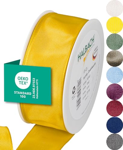 Halbach Seidenbänder Premium Geschenkband mit Drahtkante | Breite 40mm Länge 25m | Öko-Tex 100 zertifiziertes Schleifenband | Taftband Made in Germany, Farbe: gelb von Halbach Seidenbänder