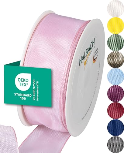 Halbach Seidenbänder Premium Geschenkband mit Drahtkante | Breite 40mm Länge 25m | Öko-Tex 100 zertifiziertes Schleifenband | Taftband Made in Germany, Farbe: hellrosa von Halbach Seidenbänder