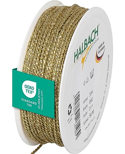 Halbach Seidenbänder Premium Kordel Gold | Breite: 2mm Länge: 50m | Kordel für Dekorationen | Goldschnur für DIY Handwerk und Geschenkverpackungen, Farbe: Gold von Halbach Seidenbänder