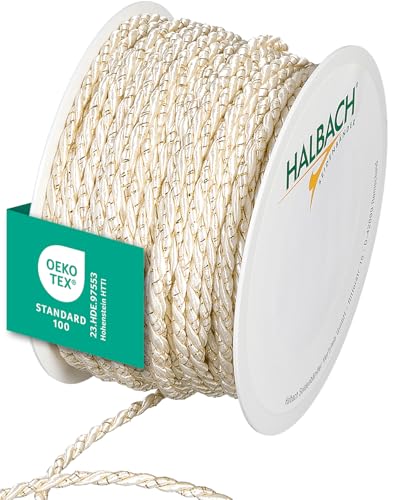 Halbach Seidenbänder Premium Kordel zweifarbig | Breite 4mm Länge 25m | made in Germany & Öko-Tex zertifiziert | glitzernde Satinkordel aus Acetat | Farbe: creme/gold von Halbach Seidenbänder