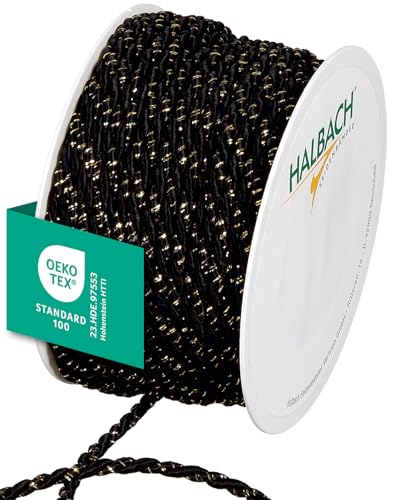 Halbach Seidenbänder Premium Kordel zweifarbig | Breite 4mm Länge 25m | made in Germany & Öko-Tex zertifiziert | glitzernde Satinkordel aus Acetat | Farbe: schwarz/gold von Halbach Seidenbänder