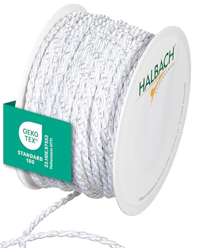 Halbach Seidenbänder Premium Kordel zweifarbig | Breite 4mm Länge 25m | made in Germany & Öko-Tex zertifiziert | glitzernde Satinkordel aus Acetat | Farbe: weiß/silber von Halbach Seidenbänder