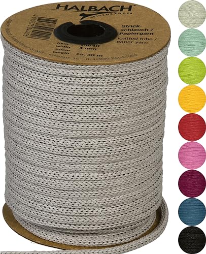 Halbach Seidenbänder Premium Papier Strickschlauch | Breite: 4mm Länge: 30m | Schlauchgarn befüllbar und reißfest, Papiergarn für Namensschilder Kinderzimmer oder zum basteln, Farbe: grau von Halbach Seidenbänder