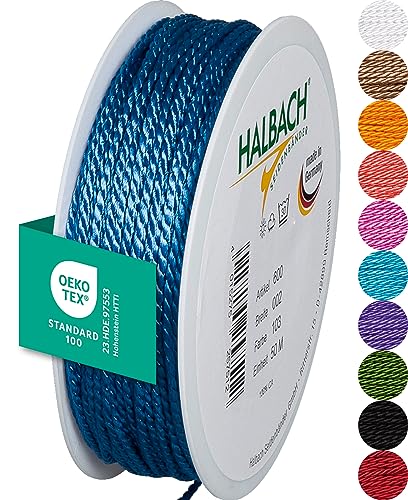 Halbach Seidenbänder Premium Kordel (azurblau) | Breite 2mm Länge 50m | Made in Germany & Öko-Tex Zertifiziert | glänzende Satinkordel aus Acetat von Halbach Seidenbänder