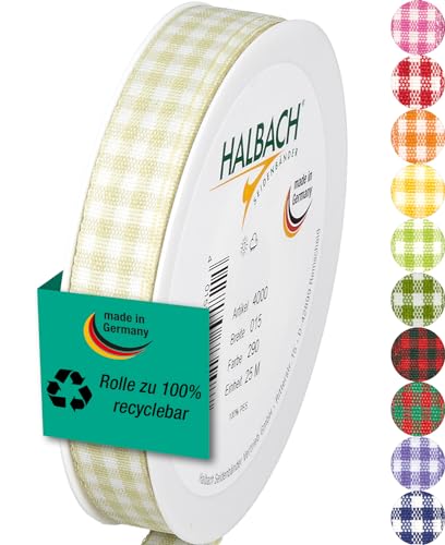 Halbach Seidenbänder Premium Vichy Karo Geschenkband (blassgrün) | Breite 15mm Länge 25m | Karoband made in Germany | kariertes Schleifenband in vielen Farben von Halbach Seidenbänder