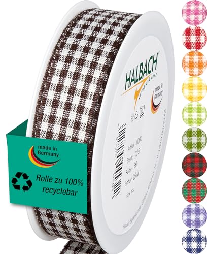 Halbach Seidenbänder Premium Vichy Karo Geschenkband (braun) | Breite 25mm Länge 25m | Karoband made in Germany | kariertes Schleifenband in vielen Farben von Halbach Seidenbänder