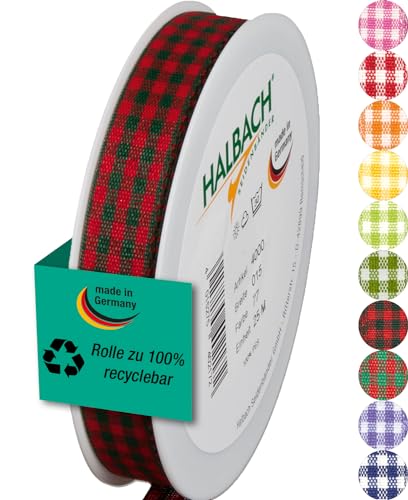 Halbach Seidenbänder Premium Vichy Karo Geschenkband (rot/dunkelgrün) | Breite 15mm Länge 25m | Karoband made in Germany | kariertes Schleifenband in vielen Farben von Halbach Seidenbänder