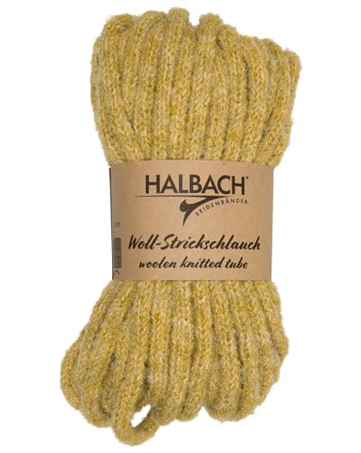 Halbach Seidenbänder Premium Woll Strickschlauch | Breite: 10 mm Länge: 15 m | Chunky Wolle für Dicke Schnürsenkel oder zum Handstricken | Farbe: helles Olivgrün von Halbach Seidenbänder