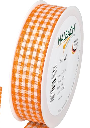 Halbach Seidenbänder Premium Vichy Karo Geschenkband (orange) | Breite 25mm Länge 25m | Karoband made in Germany | kariertes Schleifenband in vielen Farben von Halbach Seidenbänder