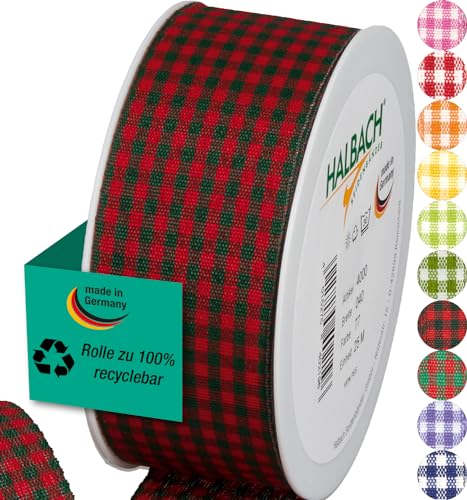 Halbach Seidenbänder Premium Vichy Karo Geschenkband (rot/grün) | Breite 40mm Länge 25m | Karoband made in Germany | kariertes Schleifenband in vielen Farben von Halbach Seidenbänder