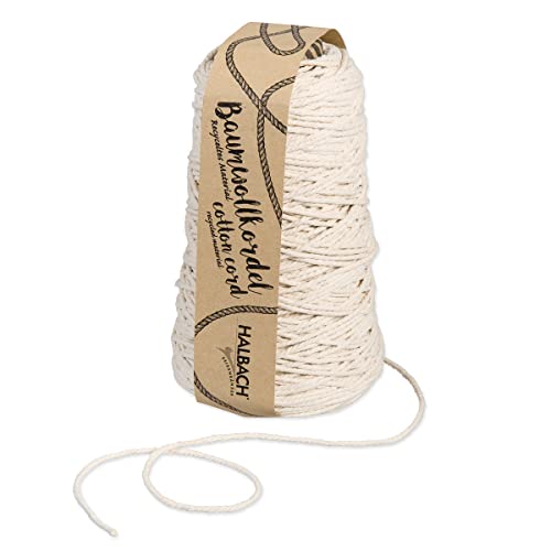 Halbach Seidenbänder recycelte Baumwollkordel | Breite 2 mm Länge 150 Meter | Nachhaltiges Baumwollgarn für Makramee oder DIY Handwerk | Farbe: Natur von Halbach Seidenbänder