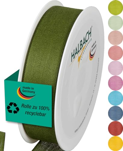 Halbach Seidenbänder Geschenkband | Breite 25mm Länge 25m | Schleifenband made in Germany | Geschenkbänder in Vielzahl von Farben und Breiten, perfekt zum Verpacken und Dekorieren, Farbe: moosgrün von Halbach