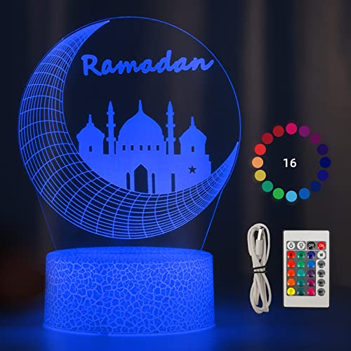 Halcyerdu Ramadan LED DIY Lamp, Eid Dekorationen Mond Stern Nachtlichter, 3D 16 Farben Ramadan Mondlampe Farbwechsellampe mit Fernbedienung, USB Datenkabel, Berühren, für Ramadan Handwerk Dekoration von Halcyerdu