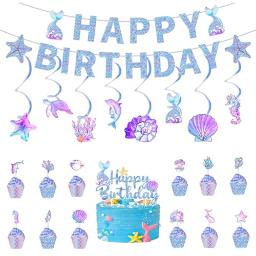 32 Stück Meerjungfrau Geburtstag Deko Meerjungfrau Party Deko Kommt Mit Happy Birthday-Banner Mit Hängender Wirbeldekoration Für Geburtstagsfeier, Babyparty von Half Forest