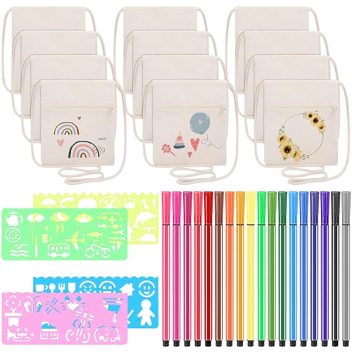 Halinuia 12 Stück Stoffbeutel zum Bemalen für Kinder, DIY Kinder Umhängegeldbeutel, Kleine Schultertaschen mit 18 Buntstift und 4 DIY Malschablonen, Brustbeutel für Schule, Party, Feier, Geschenk Halinuia 12 Stück Stoffbeutel zum Bemalen für Kinder, DIY Kinder Umhängegeldbeutel, Kleine Schultertaschen mit 18 Buntstift und 4 DIY Malschablonen, Brustbeutel für Schule, Party, Feier, Geschenk von Halinuia