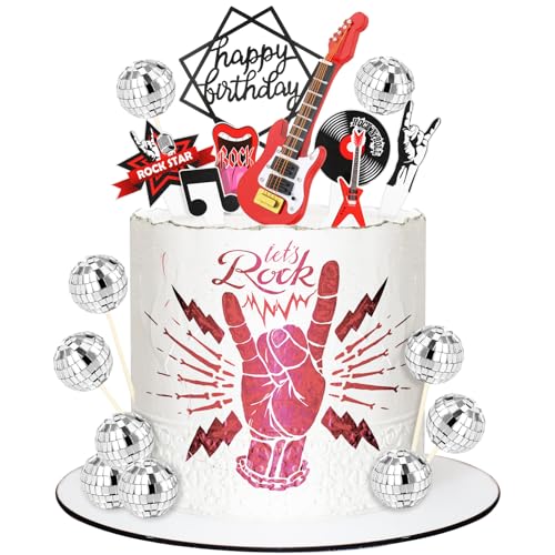 Halinuia 24 Stücke Gitarre Tortendeko Discokugel Kuchen Topper Musik Note Kuchentopper Happy Birthday Cupcake Topper für 70er 80er Disco Musik Thema Geburtstag Party Zubehör von Halinuia