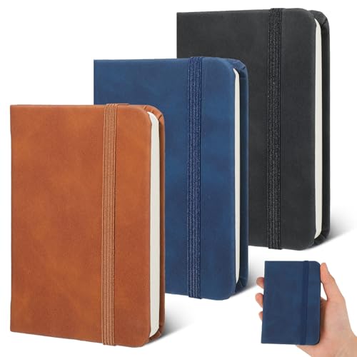 Halinuia 3 Stück Notizbuch Klein A7 (7,5x11cm) Mini Notizbuch Notizblock Klein Mini Notizblock Mit Gummizugverschluss Pocket Notebook, Taschennotizbuch für Schule, Büro, Reise (Schwarz,Blau,Braun) von Halinuia