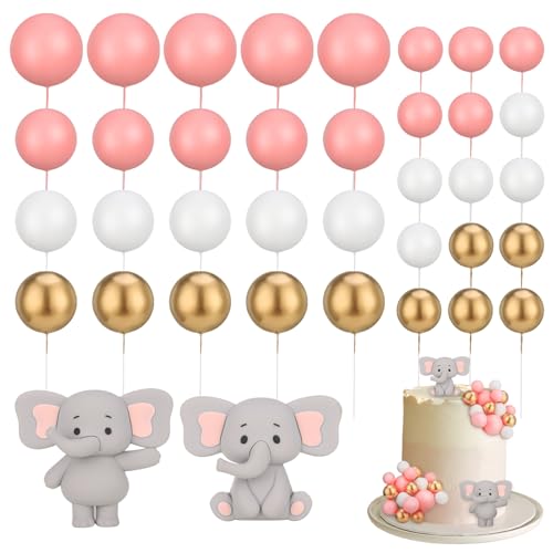 Halinuia 37 Stück Kugeln Tortendeko mit Niedlichem Elefanten Ornamente Set Schaumkugeln Topper Perlen Kugel Kuchen DIY Kuchen Deko für Jungen Mädchen Geburtstag Babyparty Party Kuchendeko(Rosa) von Halinuia