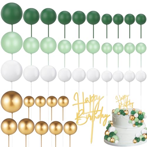 Halinuia 41 Stück Tortendeko Kugeln mit Happy Birthday Topper Kuchendeko Set Schaum Ball Cupcake Topper Ballon Kuchenkugel Kuchen Topper für Geburtstag Hochzeit Party DIY Tortendeko(Grün,Weiß) von Halinuia