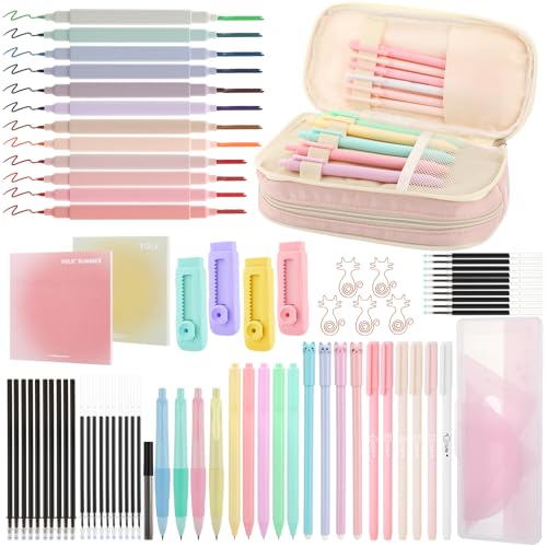 Halinuia 78 Stück Kawaii Schulbedarf mit Federmäppchen, Gelstift, Pastellkreiden, Textmarkern, einziehbarer Kugelschreiber, Druckbleistift, Bleistiftmine, Radiergummi, Lineal, Sticky Notes Halinuia 78 Stück Kawaii Schulbedarf mit Federmäppchen, Gelstift, Pastellkreiden, Textmarkern, einziehbarer Kugelschreiber, Druckbleistift, Bleistiftmine, Radiergummi, Lineal, Sticky Notes von Halinuia