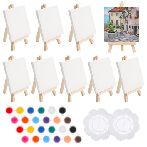 Halinuia 8 Stück Mini Leinwand mit Staffelei mit Acrylfarben & 2 Malpaletten Kreativset für Kinder Partyzeichnungen, Tischkunst & Bastelbedarf von Halinuia