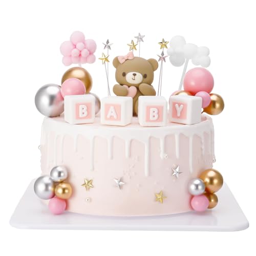 Rosa Mini-Kugel-Kuchenaufsatz mit Niedlichem Bären-Kuchendekoration, BABY-Buchstabe, Sternwolken, Cupcake-Aufsatz für Babyparty, Geschlechtsoffenbarung, Dekorationen, Geburtstags-Motto-Partyzubehör von Halinuia