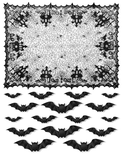 Haliya Halloween Tischdecke, Halloween Tischdeko, Tischdecke Spitze Schwarz, Horror Spinnennetz Tischtuch mit Spukhaus Schloss Dekoration Party Deko mit 16 Stück 3D Fledermaus Wandaufkleber 134x173cm Haliya Halloween Tischdecke, Halloween Tischdeko, Tischdecke Spitze Schwarz, Horror Spinnennetz Tischtuch mit Spukhaus Schloss Dekoration Party Deko mit 16 Stück 3D Fledermaus Wandaufkleber 134x173cm von Haliya