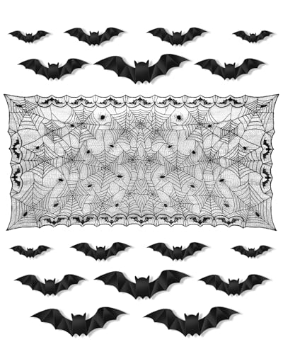 Haliya Halloween Tischdeko, Horror Spinnennetz Tischdecke, Halloween Deko, Spitze Schwarz Tischtuch, Weihnachts Deko mit 16 Stück 3D Fledermaus Wandaufkleber 122x244 cm Haliya Halloween Tischdeko, Horror Spinnennetz Tischdecke, Halloween Deko, Spitze Schwarz Tischtuch, Weihnachts Deko mit 16 Stück 3D Fledermaus Wandaufkleber 122x244 cm von Haliya