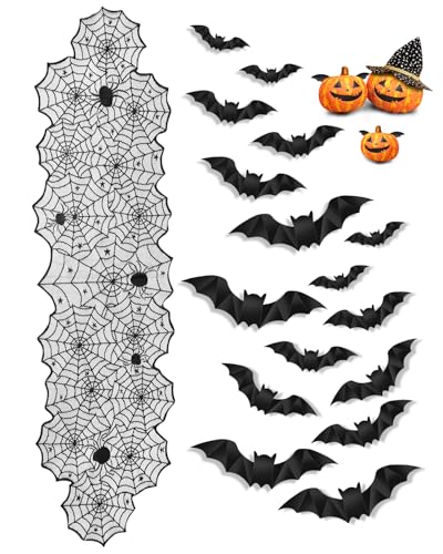 Haliya Halloween Tischläufer, Halloween Tischdecke Deko, Spinnennetz Tischdeko, Horror Spinnenweben Deko mit Weihnachten Tischläufer Dekoration mit 16 Stück 3D Fledermaus Wandaufkleber 45x183cm Haliya Halloween Tischläufer, Halloween Tischdecke Deko, Spinnennetz Tischdeko, Horror Spinnenweben Deko mit Weihnachten Tischläufer Dekoration mit 16 Stück 3D Fledermaus Wandaufkleber 45x183cm von Haliya