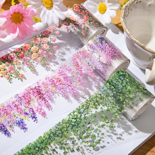 3 Rollen Blumenblatt Washi Tape Set Cute Sticker Tape für Scrapbooking Scrapbook Stickers Vintage Klebeband Bunt Transparent PET Washitape Blumen Sticker für Journaling Fotoalbum Junk Journal Zubehör von Hallaway