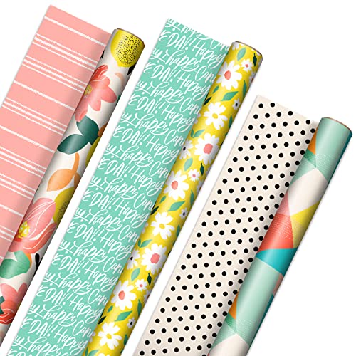 Hallmark 3 Rollen 20m² Blumen-Geschenkpapier mit leuchtendem Zitrone abstraktem Blumenmotiv für Geburtstag, Ostern, Muttertag, Brautparty, Babyparty, 3 Rollen von Hallmark