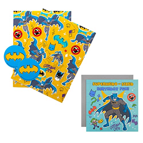 Hallmark Batman Geburtstagskarte, Geschenkpapier und Etiketten-Bundle – 1 Karte, 2 Papierbögen und 2 Geschenkanhänger in kräftigen Designs, 25573820, mehrfarbig von Hallmark