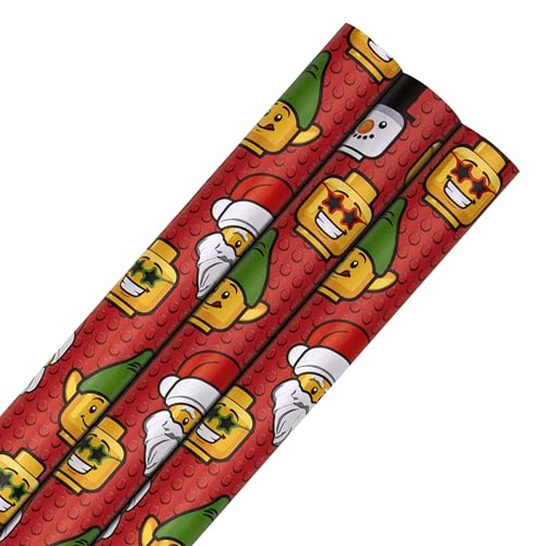 Hallmark Geschenkpapier, Rolle Wrap, 3 Stück, LEGO, LEGO Köpfe, Weihnachten, Weihnachtsmann, Schneemann, Elf, Rot, je 4 m von Hallmark