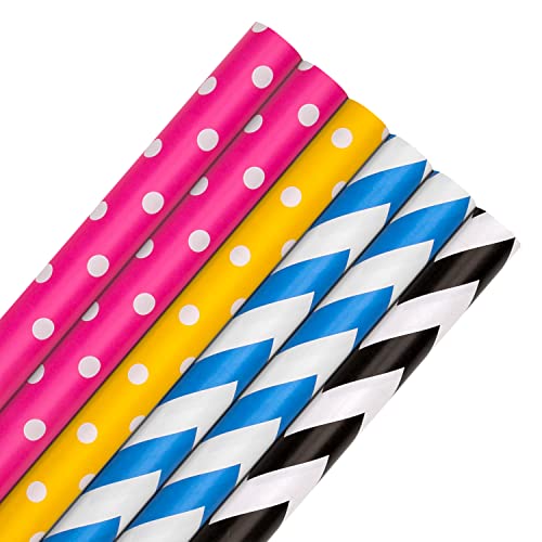 Hallmark Geschenkpapier Roll Wrap, 6 Stück, 4 Farben, Rosa, Gelb, Blau, Schwarz, Polka Dot und Zickzack, je 2 m von Hallmark