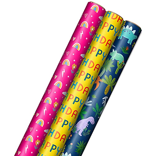 Hallmark Geschenkpapier für Kinder (3 Rollen: 75 sq. ftl) Regenbögen, Herzen, Blumen auf leuchtendem Rosa, T-Rex, Dinosaurier, Dschungel auf Marineblau, Grün, Rot, Orange "Happy Birthday" auf Gelb von Hallmark