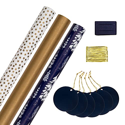 Hallmark Geschenkpapier für Weihnachten, 3 Stück, je 2 m, 6 Geschenkanhänger, 2 Bastbänder, Gold, Blau, Weiß von Hallmark