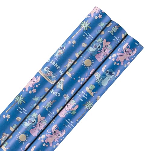 Hallmark Geschenkpapier für jeden Anlass, 3 Stück, je 2 m, Disney, Lilo & Stitch, Stitch & Angel, Geburtstag, Weihnachten, Blau von Hallmark