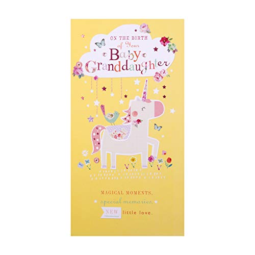 Hallmark Glückwunschkarte zur Geburt der Enkelin, niedliches Einhorn-Design mit rosa Foliendetails und Schmuckstein-Aufsätzen von Hallmark