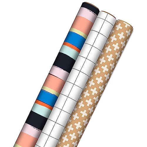 Hallmark Recycelbares Geschenkpapier aus Kraftpapier mit Schnittlinien auf der Rückseite (3 Rollen: 60 m²), kräftige Streifen, schwarz und weiß, für Geburtstage, Babypartys, Abschlussfeiern, Feiertage von Hallmark