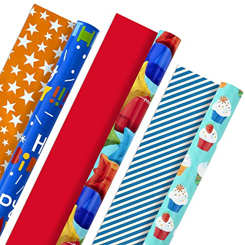Hallmark Geschenkpapierrollen zum Geburtstag - Luftballons, Sterne, Cupcakes, blaue Streifen, festes rotes Geschenkpapier (Set mit 3 wendbaren Rollen: 75 sq.ft. ttl.) von Hallmark