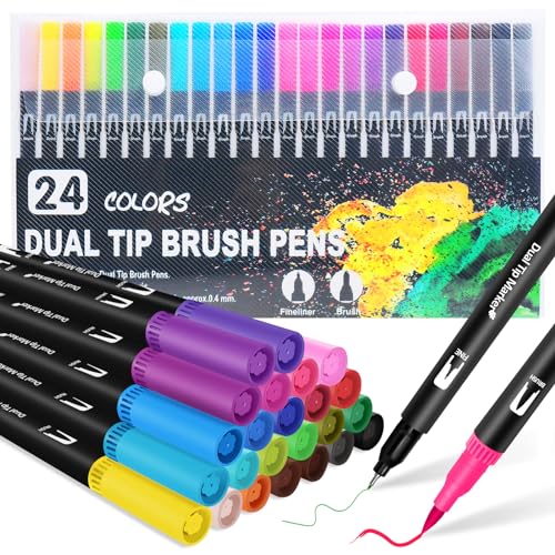 Halobios Dual Brush Pen Set, Filzstifte 24 Farben Pinselstifte Marker Aquarell Stifte Für Kinder und Erwachsene, Fineliner Set Malstifte Für Kalligraphie Bullet Journal Handlettering Manga Malbücher von Halobios