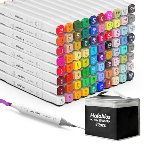 Halobios Alkoholmarker Set 80 Farben, Twin Tip Marker mit Schnell Trocknender, Lebendige Alkohol Tinte, Inkl. Tragetasche | Für Zeichnen, Manga, Design, Malerei – Künstler marker für Erwachsene von Halobios