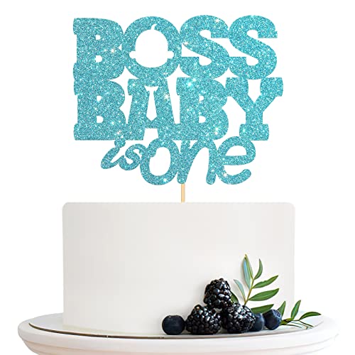 Halodete Boss Boy is One Cake Topper, Baby 1. Geburtstag Cake Topper, Gender Reveal, Happy Birthday Boss Birthday Party Cake Decorations Sky Blue Glitter von Halodete