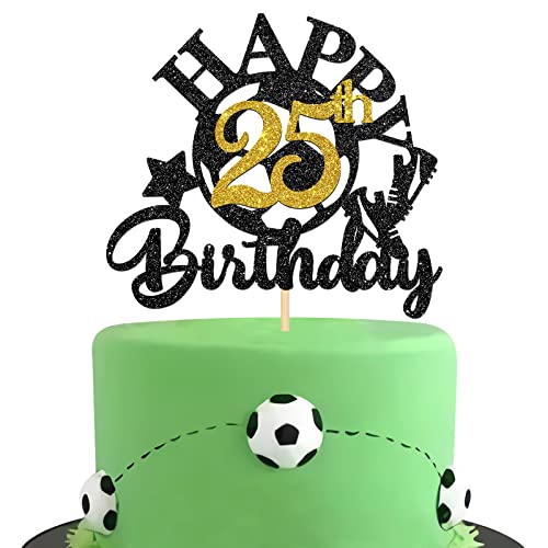 Halodete Fußball Happy 25th Birthday Cake Topper - Sport Thema 25. Geburtstag Kuchen Dekor - Fußball Geburtstag Party Dekorationen für Erwachsene - Glitzer Schwarz (25.) von Halodete