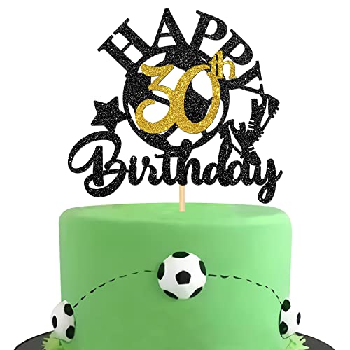 Halodete Fußball Happy 30th Birthday Cake Topper - Sport Thema 30. Geburtstag Kuchen Dekor - Fußball Geburtstag Party Dekorationen für Erwachsene - Glitzer Schwarz (30.) von Halodete