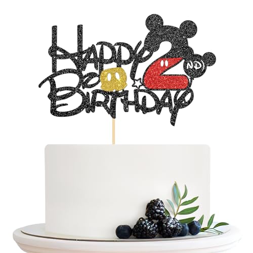 Halodete Mickey 2nd Birthday Cake Topper Cartoon Mouse Happy 2nd Birthday Cake Topper Kinder Jungen Mädchen 2. Geburtstag Party Kuchen Dekorationen Schwarz Glitzer von Halodete