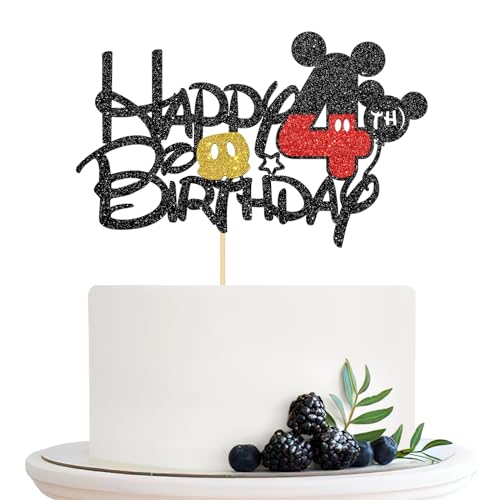 Halodete Mickey 4th Birthday Cake Topper Cartoon Mouse Happy 4th Birthday Cake Topper Kinder Jungen Mädchen 4. Geburtstag Party Kuchen Dekorationen Schwarz Glitzer von Halodete