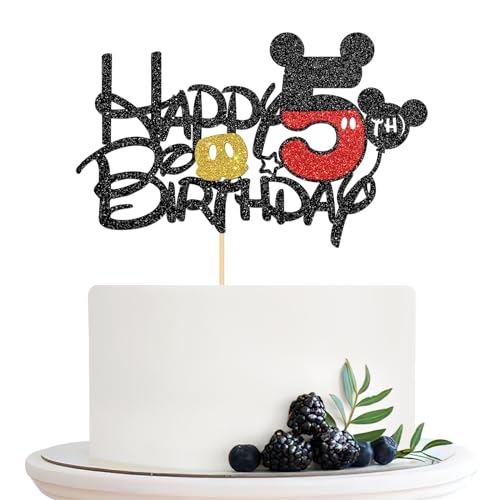 Halodete Mickey 5th Birthday Cake Topper Cartoon Maus Happy 5th Birthday Cake Topper Kinder Jungen Mädchen 5 Geburtstag Party Kuchen Dekorationen, Schwarz Glitzer von Halodete