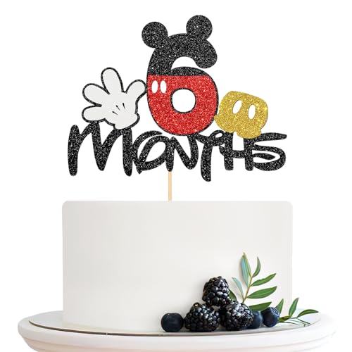 Halodete Mickey 6 Monate Cake Topper Maus Halbjahr Kuchen Topper Baby Shower Half Birthday Party Kuchen Dekorationen Schwarz Glitzer von Halodete
